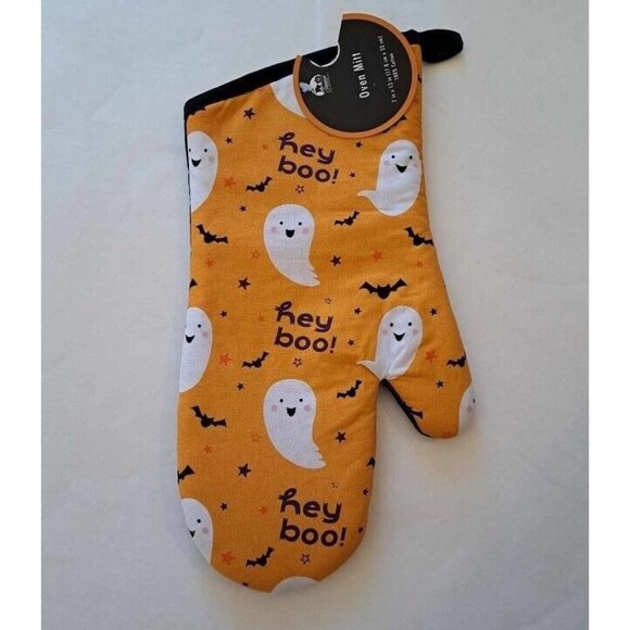 New Halloween Hey Boo Ghost Bat Oven Mitt Kitchen Linen Spooky Fall Autumn Decor - Picture 1 of 2